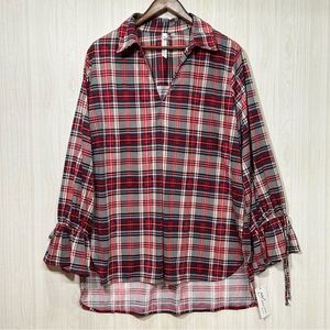 NY Collection Red Plaid V-Neck Bell Sleeves Shirt Size 1X